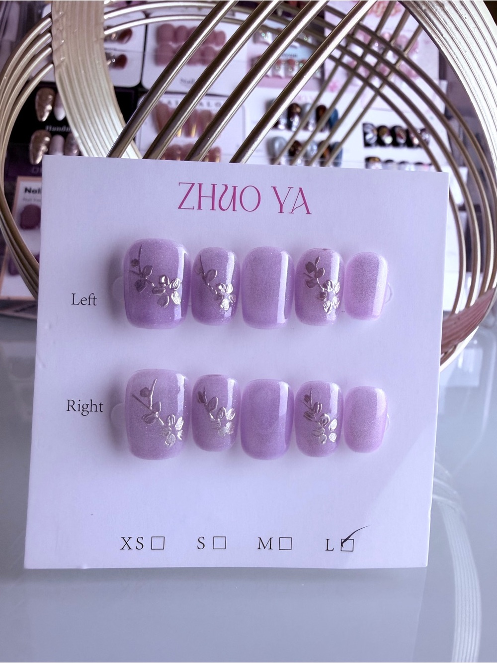 ZHUO YA Lavender Pearl Press-On Nail Set with Gold Floral Accents Large